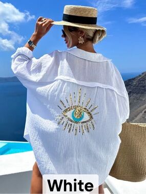 White Beach Cover-Up With Embroidered Eye design 100% Cotton Size Small